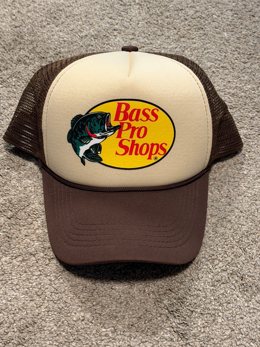 Bass Pro Shops Yellow Logo Trucker Hat with Brown and Cream Panels